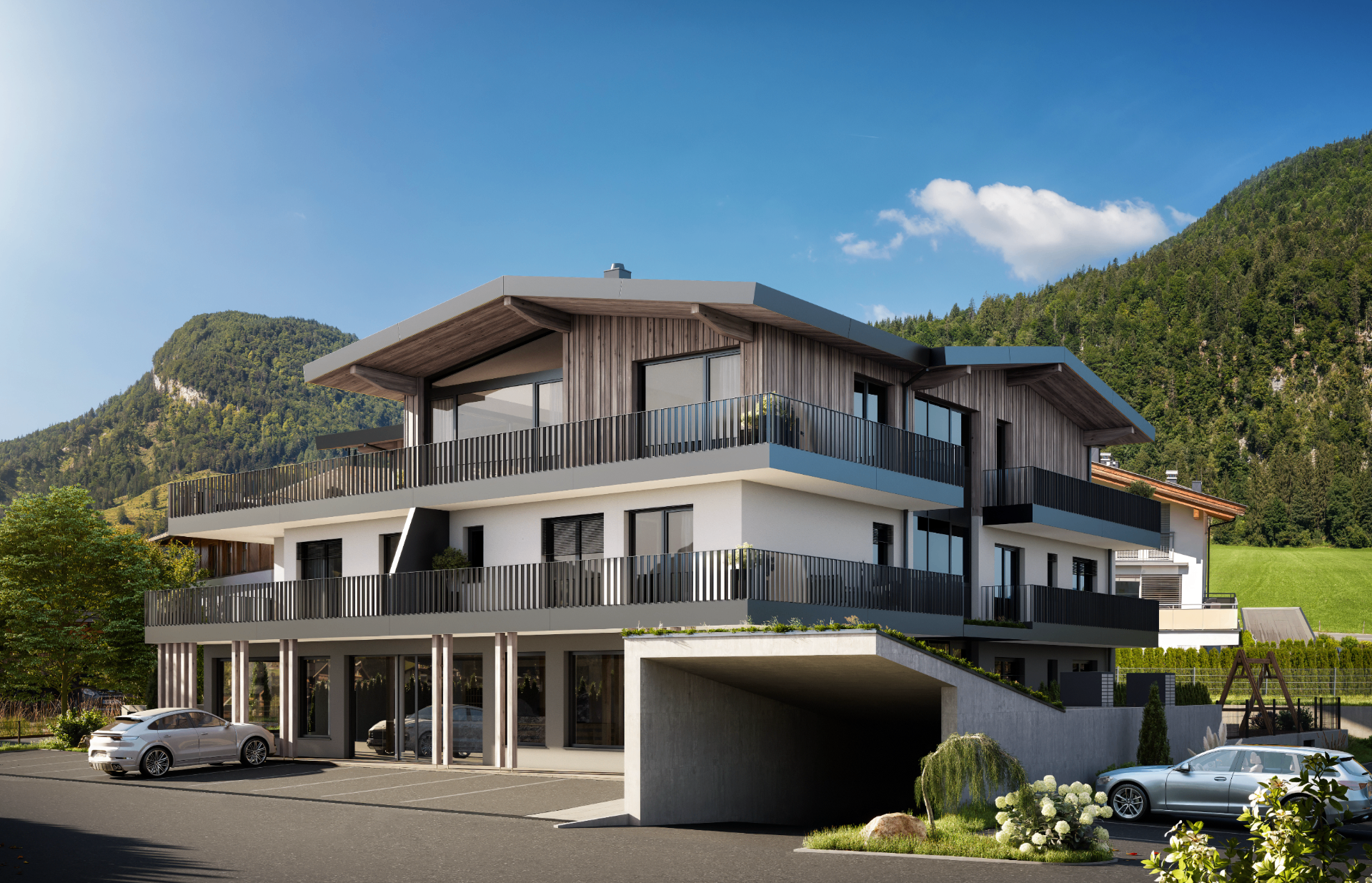 K5 Living — Vorderansicht mit Tiefgaragenzufahrt